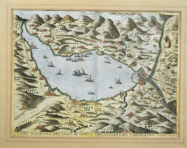 Switzerland, Lake Geneva and its surroundings in about 1590 by Luca Bertelli, engraving