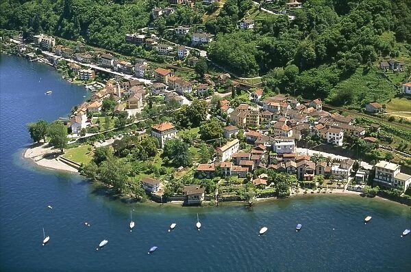 Switzerland, Ticino, Lake Maggiore, Gerra Frazione of Gambarogno, aerial view