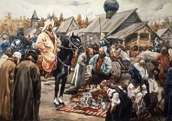 A tartar of the golden horde exacting tribute from russian people in the 13th century, (20th century soviet watercolor painting, unknown artist)