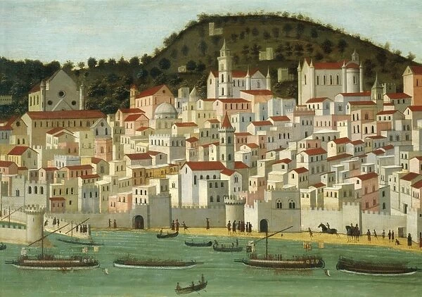 Tavola Strozzi, portraying Aragonese fleet returning victorious into Naples Port after Battle of Ischia, 12th July 1465, detail with Capodimonte Hill, by unknown artist from Neapolitan School, tempera on panel, 1472