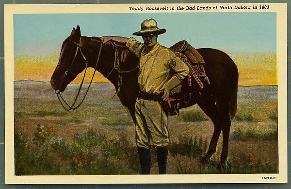 Teddy Roosevelt in the Badlands. ca. 1939, North Dakota, USA, TEDDY ROOSEVELT IN THE BAD LANDS. The late, former president arrived here in 1883 to hunt buffalo and build up his health. His ranch cabin, originally located here, is well preserved and can be seen on Capitol grounds at Bismarck, N. D