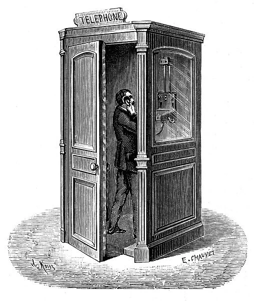 Telephone call box. Engraving published Paris 1888