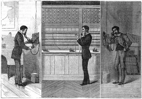 Telephone: man on left is making call which passes through the operator at the exchange