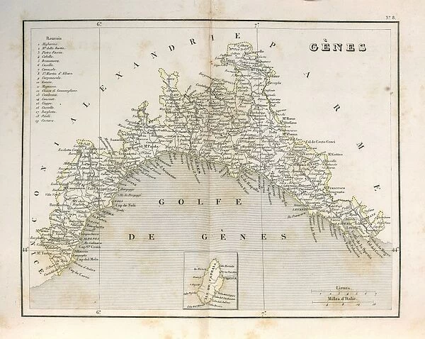 Territory of Genoa. Map by A. Lorrain from Maps of the Sardinian Kingdom, Paris, engraving in copper. 1840