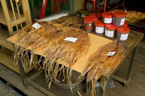 Thailand, Ko Chang, Bang Bao, dried squid for sale at fishing village