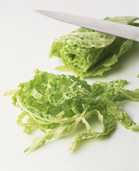 Thinly sliced cabbage, knife resting on rolled cabbage