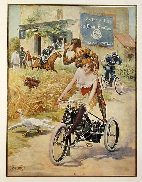 Thumbing ones nose from the motor tricycle, advertisement for the Automobiles de Dion-Bouton, illustration by Wilhio, 1900