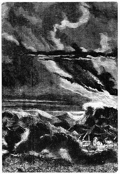 Tidal wave caused by the launch of the space capsule Columbiad. From Jules Verne Autour de la Lune