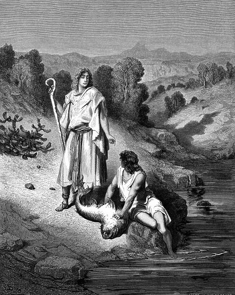 Tobias with Archangel Raphael who helped him catch fish which would miraculously