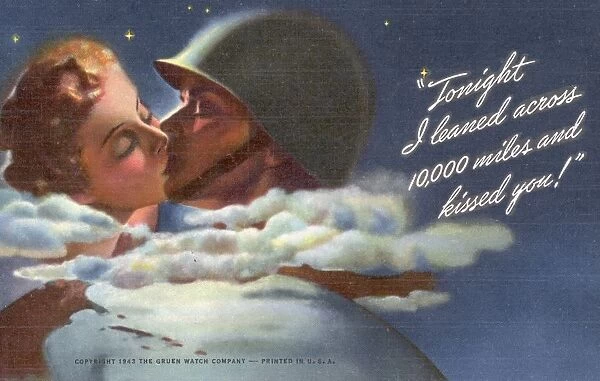 Tonight I Leaned Across 10, 000 Miles and Kissed You Print. ca. 1943, Advertisement for Gruen Watch Company
