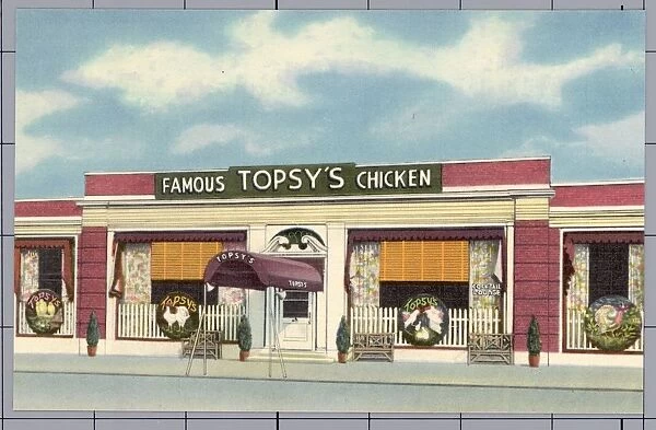 Topsys Restaurant. ca. 1950, Long Island, New York, USA, Topsys FAMOUS FOR OUR SOUTHERN FRIED CHICKEN AND FINE FOODS, Chicken to take out Tel. BO 8-6620-9692