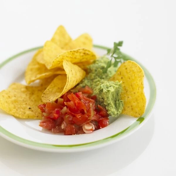 Tortilla chips with tomato salsa and guacamole on a plate