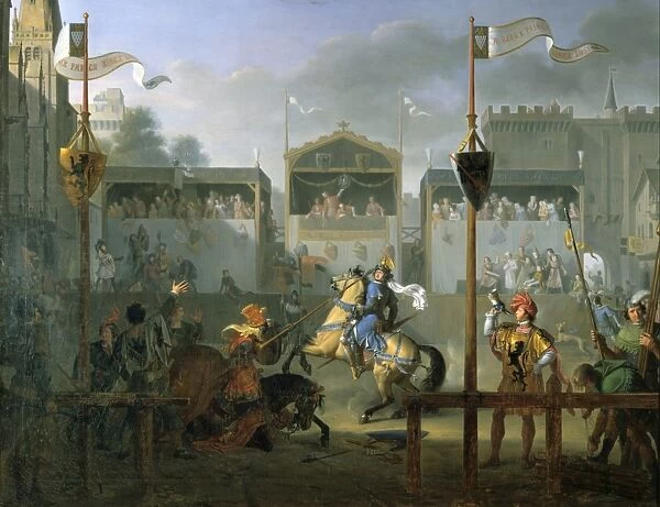 A Tournament in the XIVth century. Knights jousting. Paul Henri Revoil (1776-1842)