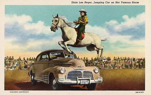 Trick Rider Jumping over a Car. ca. 1943, USA, Dixie Lee Reger, Jumping Car on Her Famous Horse. Dixie Lee one of Rodeos best trick riders, and who is not afraid to ride. This photograph shows her riding her famous Palameno horse when he jumps this brand new car and clears it by almost four feet. It is an easy stunt, try it some time when you get a new car