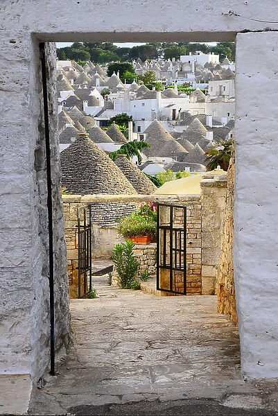 Trullo is a traditional home from the Itria Valley in Puglia. It is made of limestone with conical roofs, and many times the walls are then painted white, Alberobello, Apulia; Italy, Europe