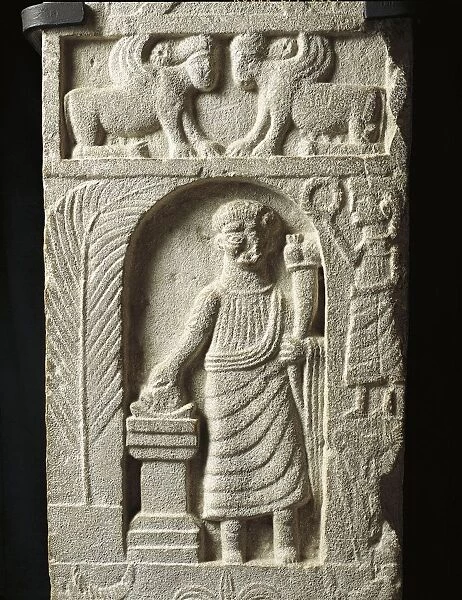 Tunisia, Carthage, Tophet, Votive stele with relief representing sacrifice to Goddess Tanit, with two sphinxes from Punic civilization