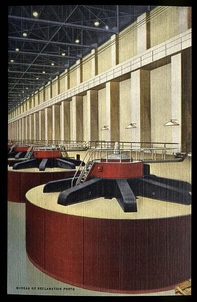 Turbines at Grand Coulee Dam. ca. 1948, Washington, USA, 312 - INTERIOR OF THE POWER HOUSE, GRAND COULEE DAM, WASHINGTON. The power plant at grand Coulee Dam is the largest in the world, ultimately eighteen turbines of 150, 000 h. p. rated capacity, nine in each of two powerhouses, these driving an equal number of 108, 000 kw. generators, and three 14, 000-h turbines driving 10, 000-kw. generators for a total rated capacity of 2, 742, 000 horsepower in turbines and 1, 974, 000 kilowatts in generators. The large units are to supply power for pumping water for irrigation and will continue to furnish power for transmission to consumers on the Bonneville-Grand Coulee distributing system