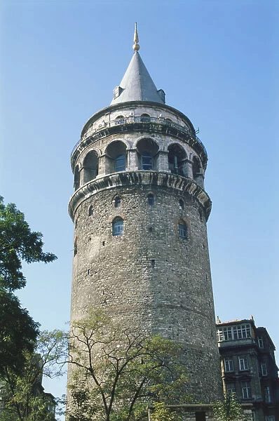 Turkey, Istanbul, detail of the Galata Tower, 62m high round tower topped by a conical roof