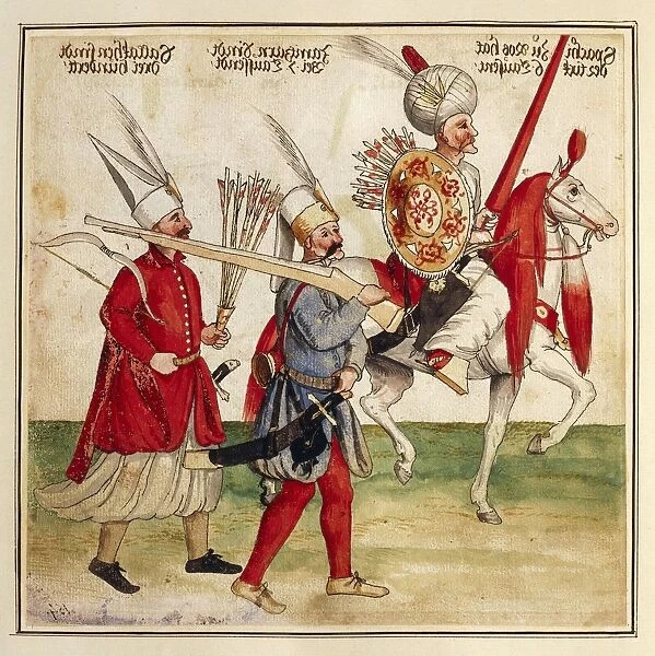 Turkish soldiers on foot and horseback holding weapons, print painted in watercolors, 1712