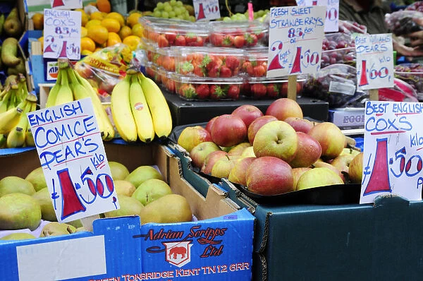 UK, England, English pears, apples and various other fruit on market stall