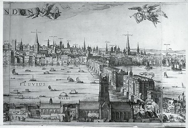 UK, England, View of The City of London with London Bridge, by Claes Jansz Visscher, 17th Century, engraving