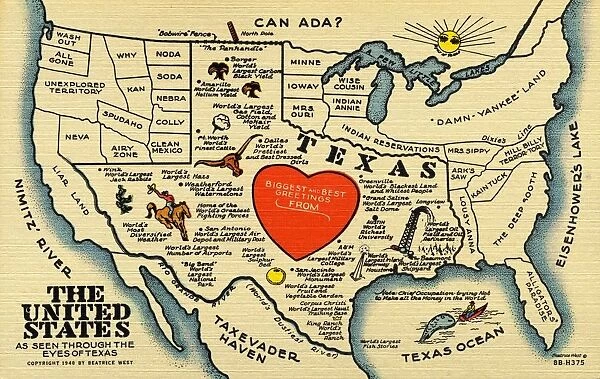 United States and Texas State Map. ca. 1948, Texas, USA, THE UNITED STATES AS SEEN THROUGH THE EYES OF TEXAS