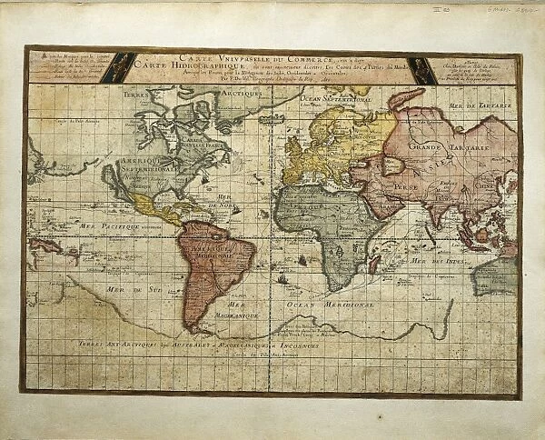 Universal trade map, planisphere with the routes of navigation to Eastern and Western Indies, engraving, 1686