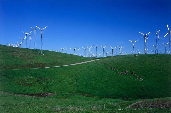 USA, California, Wind farm with Windmills producing natural energy at Livermores Wind Farm
