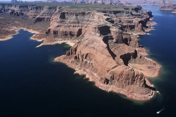 USA, Utah, Lake Powell National Recreation Area, Glen Canyon National Recreation Area, Lake Powell, Aerial view of rocky lake shore