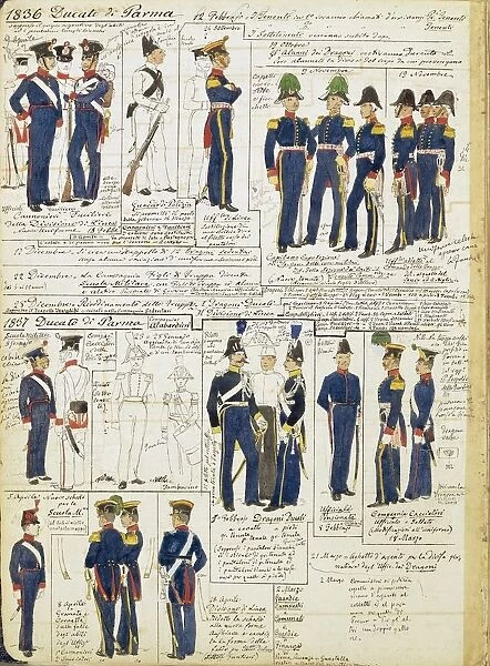 Various uniforms of the Duchy of Parma, 1836-1837. Color plate by Cenni Quinto