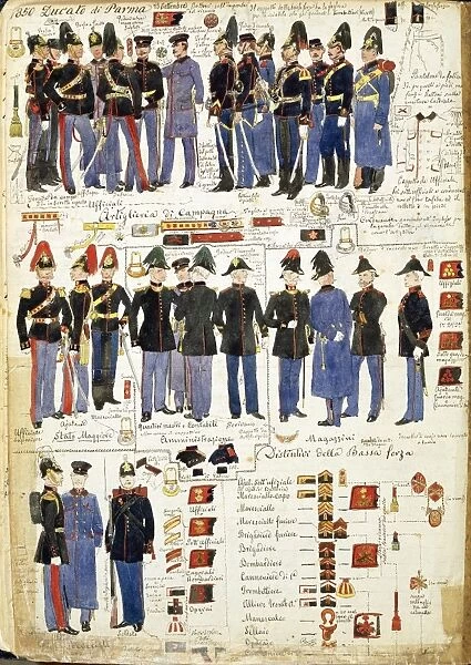 Various uniforms of Duchy of Parma by Quinto Cenni, color plate, 1850
