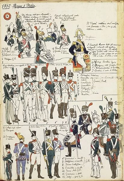 Various uniforms of the Kingdom of Italy from 1807. Color plate by Cenni Quinto
