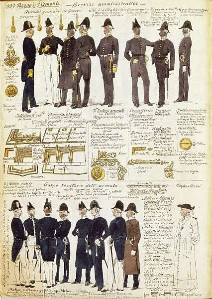 Various uniforms of Kingdom of Sardinia, by Quinto Cenni, color plate, 1833