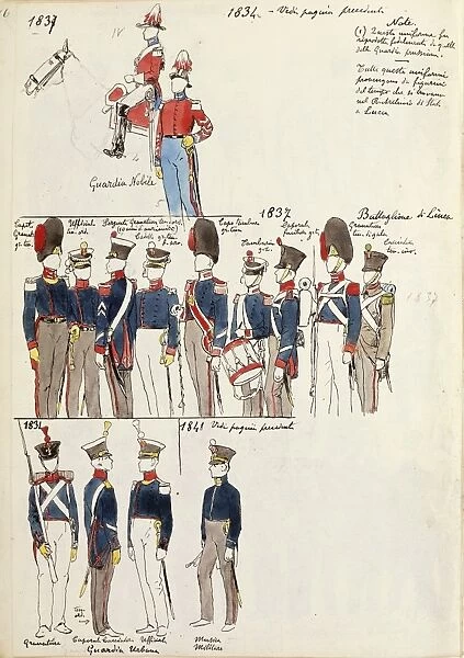 Various uniforms, by Quinto Cenni, color plate, circa 1834-1841