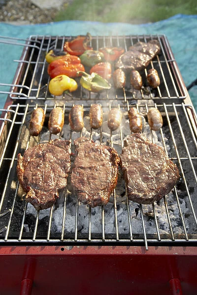 Vegetables, sausages and steaks on barbecue grill, close-up, high angle view