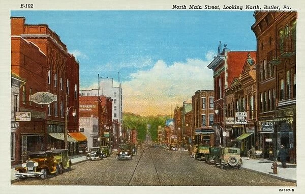 Vehicles on Main Street. ca. 1932, Butler, Pennsylvania, USA, North Main Street, Looking North, Butler, Pa
