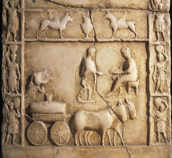 Veiquasio Optatos stele, Detail from relief with farm cart, mules and farmer who is pouring wine into cask on cart
