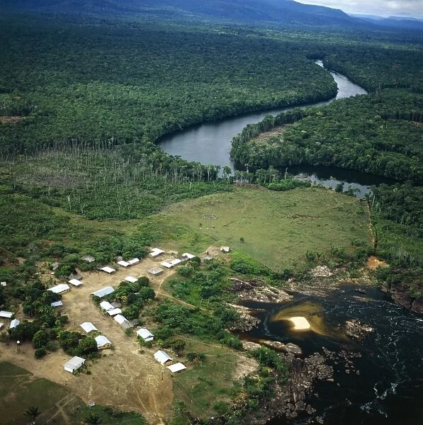 Venezuela, Amazonas State, Puerto Ayacucho, Aerial view of tourist resort on banks of Orinoco river