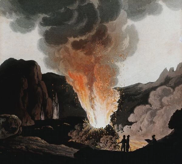 Vesuvius during one of its early 19th century eruptions. People are standing inside