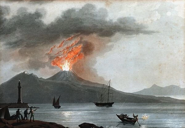 Vesuvius during one of its early 19th century eruptions viewed from the Bay of Naples, Italy