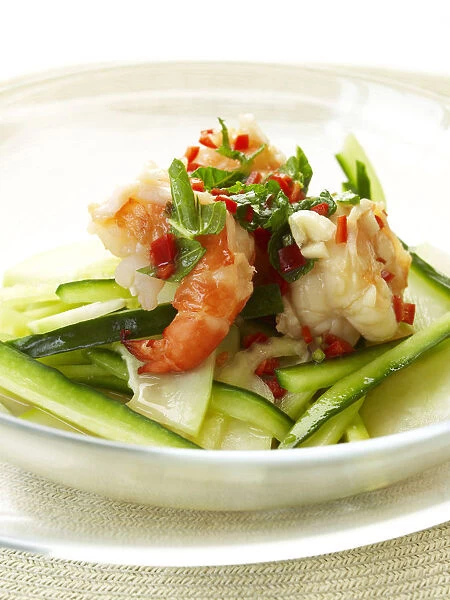 Vietnamese prawn salad on bowl, close-up