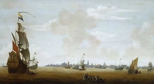 View of Amsterdam from the sea. Artist, Pieter Van Den Velde (1634-1687) Oil on wood