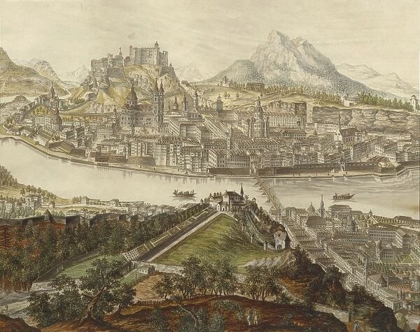 View of city of Salzburg on Salzach River with Old City and Hohensalzburg fortress