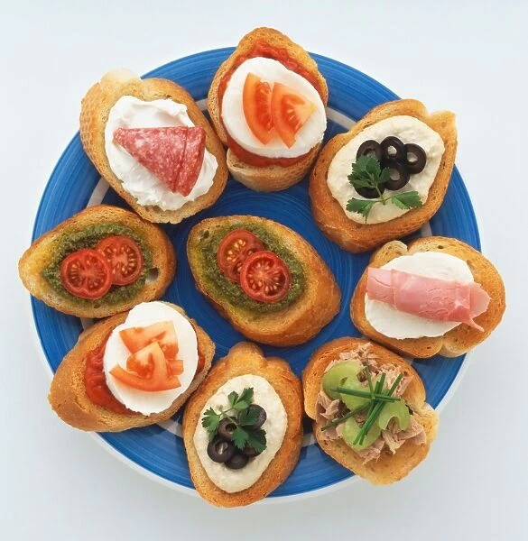 Above view of Crunchy Crostini, Italian-style toasted bread with tasty Savoury toppings