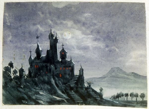 View of a Fantastic Chateau by Moonlight. Watercolour and gouache. Aurore Amadine Lucie Dupin