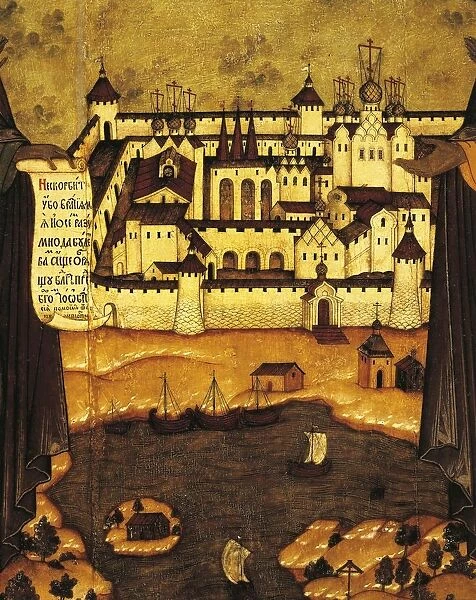 View of fortified city of Solovki on White Sea, detail from Panel of Saints Sabazio and Zosima