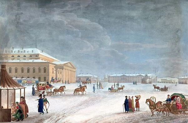 View of the Great Theatre Square St Petersburg, 1817. Coloured lithograph. Winter