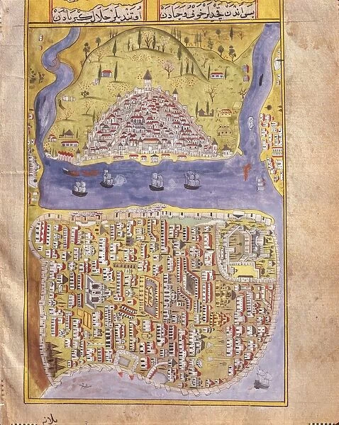 View of Istanbul and Galata, from a book on Sultan Suleyman Iran-Iraq campaign in 1534-1535, by Matraki Nasuh, Ottoman miniature, 1537