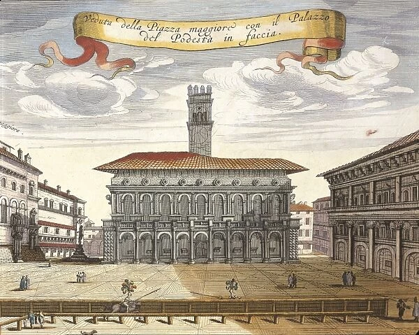 View of Maggiore Square in Bologna, with Palazzo del Podesta (Podesta Palace) in 1600, engraving from Civitatis Admirandorum Italiae by Jean Blaeu