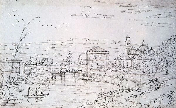 View of Padua with the Porta Pontecorvo and the Church of Santa Maria Giustina. Pen